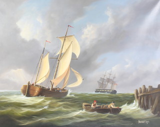 Bernard Page, oil on canvas, boats off a harbour arm in choppy seas, 60cm x 75cm 