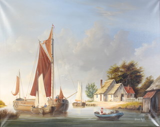 Bernard Page, oil on canvas, signed, a Dutch canal scene with boats and figures 60cm x 75cm 
