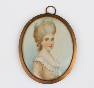 Miniature 19th Century watercolour, unsigned, oval portrait of a lady 6.5cm x 5.5cm 
