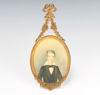 E C De Molegues, watercolour, unsigned, oval portrait of a young boy in a fancy gilt metal frame 12cm x 9cm 