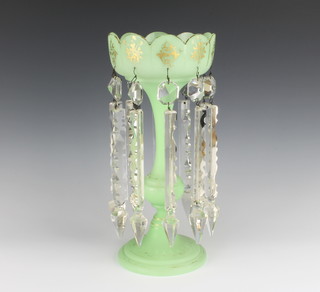 A Victorian green lustre with clear faceted drops 30cm 