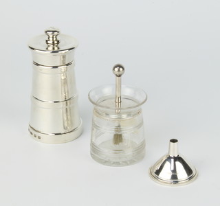 A sterling silver peppermill 9cm, a glass and silver mounted glue pot and a funnel 