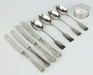 A silver napkin ring Birmingham 1929, 4 silver teaspoons and 4 butter knives, 77 grams
