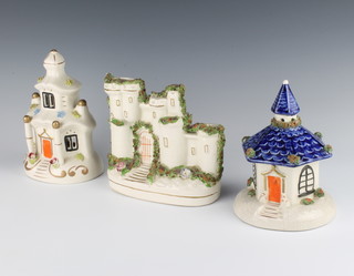 A Victorian Staffordshire pastel burner in the form of a castle 14cm and 2 later ditto 