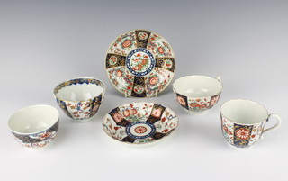 A Chamberlains Worcester saucer decorated in the Imari pattern 12cm, a do. from the Godden Reference Collection 13cm, a large tea cup, a small tea cup and 2 tea bowls 