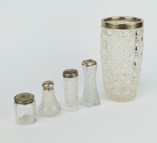 An Edwardian cut glass and silver mounted vase 19cm and 4 silver mounted items 
