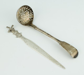 A Victorian silver sifter spoon London 1844 and a silver paper knife 73 grams 