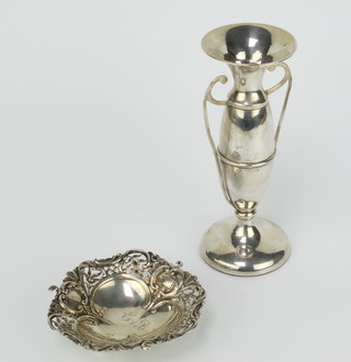 A silver 2 handled vase Birmingham 1915, 18cm and a repousse silver dish, 60 grams