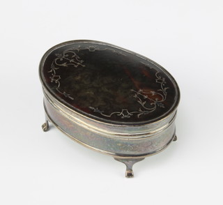 An oval silver and tortoiseshell piquet trinket box Birmingham 1925 8.5cm 