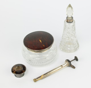A cut glass tortoiseshell and silver lidded bowl 10cm, a ditto atomiser mount and a mounted scent bottle 