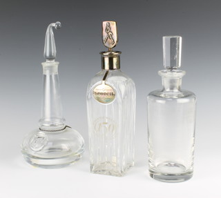 A glass decanter engraved Eiscl 28cm, a plated mounted do. and a Continental decanter and stopper with silver ladle 