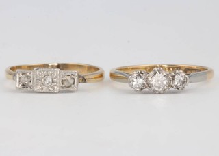 A 9ct yellow gold 3 stone diamond ring, an 18ct do. sizes L 1/2 and N 