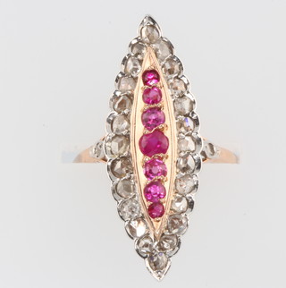 An Edwardian style yellow gold diamond and gem set up finger ring size Q