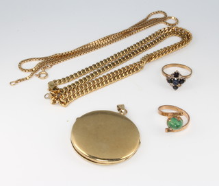 A 9ct yellow gold circular locket, 2 rings and minor chains, 21 grams