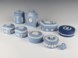 A Wedgwood blue Jasperware timepiece 12cm and 8 various boxes together with a heart shaped pendant on chain, a pair of cufflinks and a dress stud 