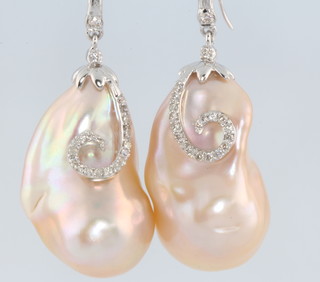 A pair of white gold diamond set baroque pearl earrings 30mm x 15mm 