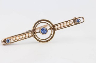 An Edwardian 9ct yellow gold sapphire and seed pearl bar brooch 2.7 grams