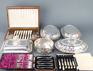 A pair of silver plated entrees, 2 others, minor plated wares 