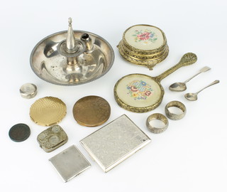 An Art Deco silver compact rubbed marks, plated chamber stick and minor items 