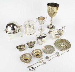 An oval silver plated demi-fluted tea caddy and minor plated items