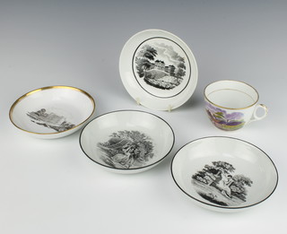A Newhall teacup with farm scene, a transfer print saucer (possibly Newnham Park) 14cm, a do. with fete gallant scene 14cm, a Spode do. 13.5cm and 1 other 14cm 