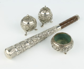 An Indian silver mounted parasol handle and 3 condiments 