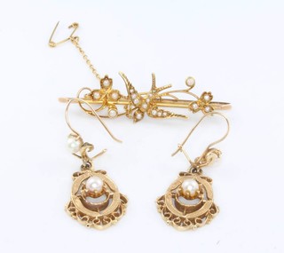 An Edwardian 15ct yellow gold seed pearl bar brooch and a pair of 14ct yellow gold seed pearl earrings 