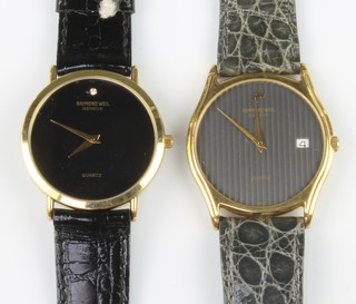 A gentleman's gilt cased Raymond Weil quartz dress watch with black dial and a calendar do. 