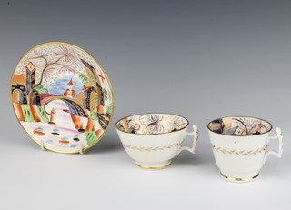 A 19th Century chinoiserie style trio comprising small cup, teacup and saucer decorated with a figure on a bridge 