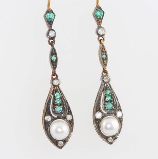 A pair of gold, diamond, emerald and pearl ear drops 