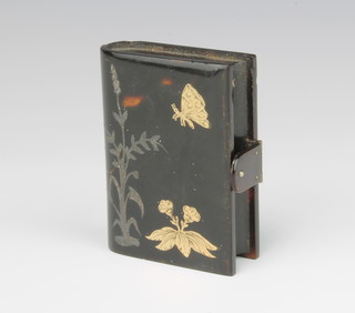An Edwardian tortoiseshell and piquet purse decorated with a butterfly and flowers 7cm x 5cm x 2cm 