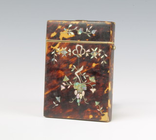 An Edwardian tortoiseshell and mother of pearl inlaid card case 10cm x 8cm 