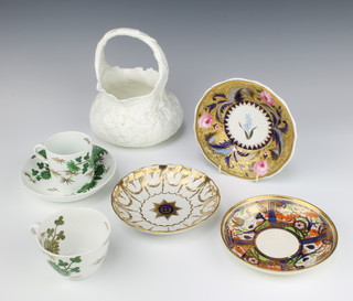 A 19th Century Spode bamboo and peony pattern coffee can, a do. teacup and saucer, a Newhall saucer decorated with flowers, 2 others and a white glazed basket 