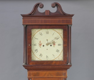 An 18th Century 8 day striking longcase clock with 36cm square painted dial, subsidiary second hand and calendar hand, contained in an inlaid mahogany case with reeded columns to the sides, raised on bracket feet 224cm h 