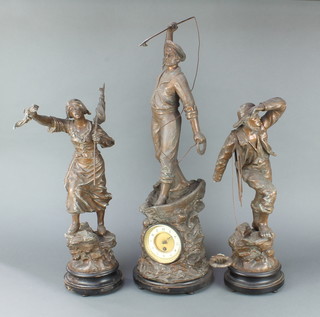 A Victorian French 3 piece clock garniture, the timepiece with enamelled dial and Arabic numerals contained in a spelter case surmounted by a figure of a harpoonist together with 2 side pieces in the form of fisherwomen (both f) 