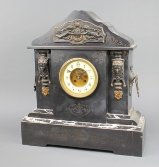A French 19th Century 8 day striking mantel clock with visible escapement, enamelled dial and Arabic numerals contained in a black marble architectural case 52cm h x 47cm w x 15cm d 