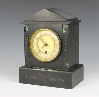 Hamburg American Clock Co., a Victorian 8 day mantel timepiece with enamelled dial and Arabic numerals contained in a 2 colour marble architectural case 