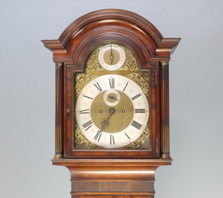 Maple & Co. Ltd, an Edwardian 8 day striking longcase clock with 27cm arched gilt dial, gilt spandrels, strike/silent dial, subsidiary second hand, gilt metal spandrels, contained in an arched mahogany case with long panelled door, raised on ogee bracket feet, complete with pendulum and weights 224cm h 
