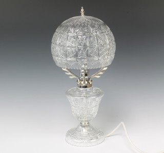 A Thomas Webb cut crystal table lamp with spherical shade and plated mounts 42cm, boxed 