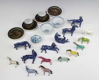 Five early 20th Century Chinese polychrome glazed figures of horses and 10 others ( af ), 2 Japanese egg shell tea cups and saucers, 2 other saucers, 2 tea bowls and a saucer 