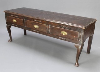 A 17th/18th Century oak dresser base fitted 3 long drawers, raised on club supports 67cm h x 167cm w x 54cm 