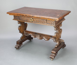 A Flemish carved oak side table with basket work design apron fitted a drawer, raised on standard end supports with H framed stretcher 73cm h x 99cm w x 65cm w 