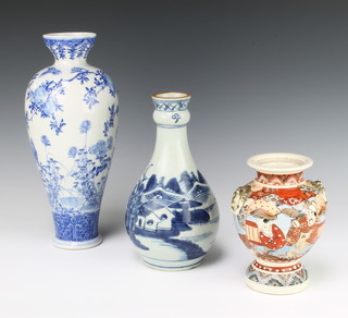 A provincial Chinese blue and white oviform vase decorated with an extensive landscape 22cm, a Satsuma vase decorated with figures 16cm and a Japanese blue and white oviform vase decorated with flowers 29cm 