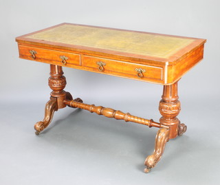 A Victorian mahogany writing table with green inset writing surface above 2 short drawers raised on turned supports with H framed stretcher 76cm h x 121cm w x 58cm d 