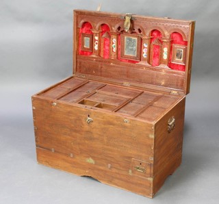 A 19th/20th Century Anglo Indian hardwood and brass banded dowry chest fitted a tray with numerous compartments the base fitted a drawer 55cm h x 83cm  w x 45cm d 
