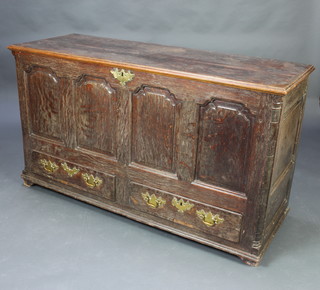 An 18th Century oak mule chest with crossbanded hinged lid revealing a fitted interior with glove box, the base fitted 2 long drawers 83cm h x 145cm w x 53cm d 