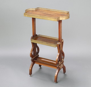 An Empire style rectangular mahogany 3 tier tricoteuse with brass gallery and inlay, raised on lyre supports 73cm h x 49cm w x 27cm d 