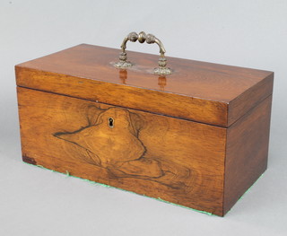 A Victorian rectangular rosewood twin compartment tea caddy the lid with brass handle, the interior with associated glass sugar/mixing bowl 15cm h x 34cm w x 17cm d