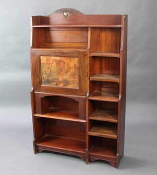 An Art Nouveau mahogany students bureau bookcase the raised back fitted shelves, the painted fall front revealing a fitted interior 150cm h x 92cm w x 27cm d  
