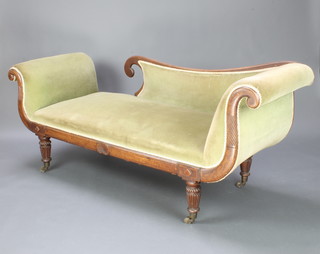 A William IV inlaid mahogany show frame sofa upholstered in green material 80cm h x 187cm w x 64cm d 